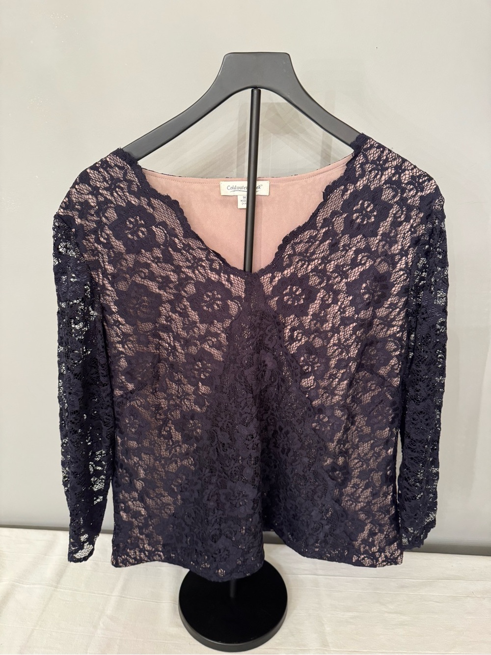 Coldwater Creek Black Lace Overlay Blouse with Blush Lining